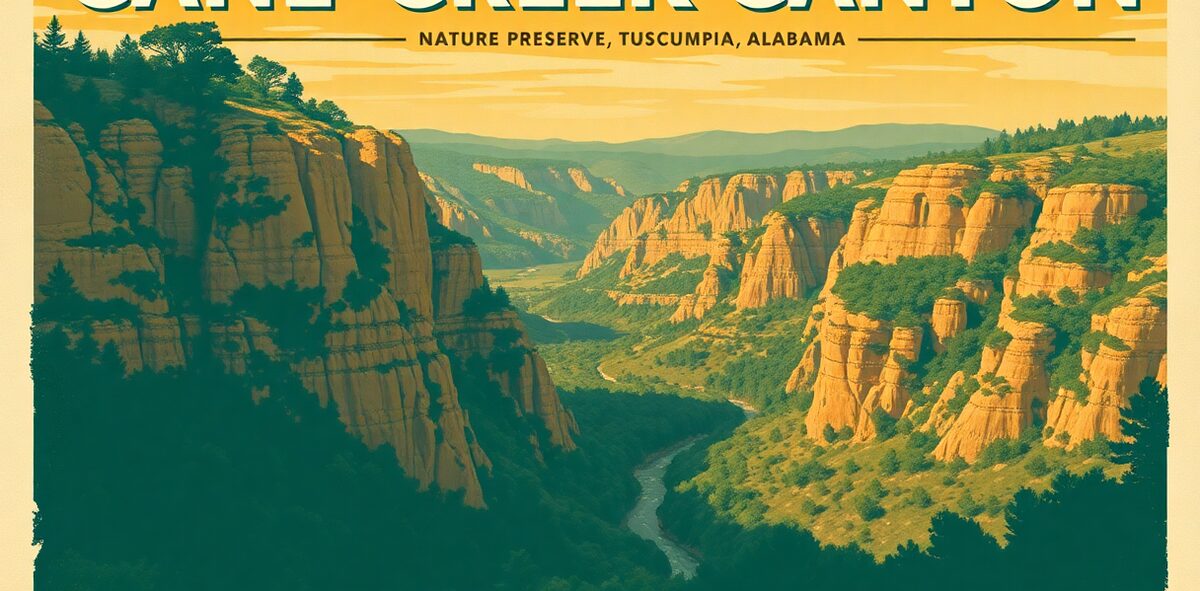 Illustrated featured image of Cane Creek Canyon Nature Preserve, Tuscumbia, Alabama — a Kick-It Pick