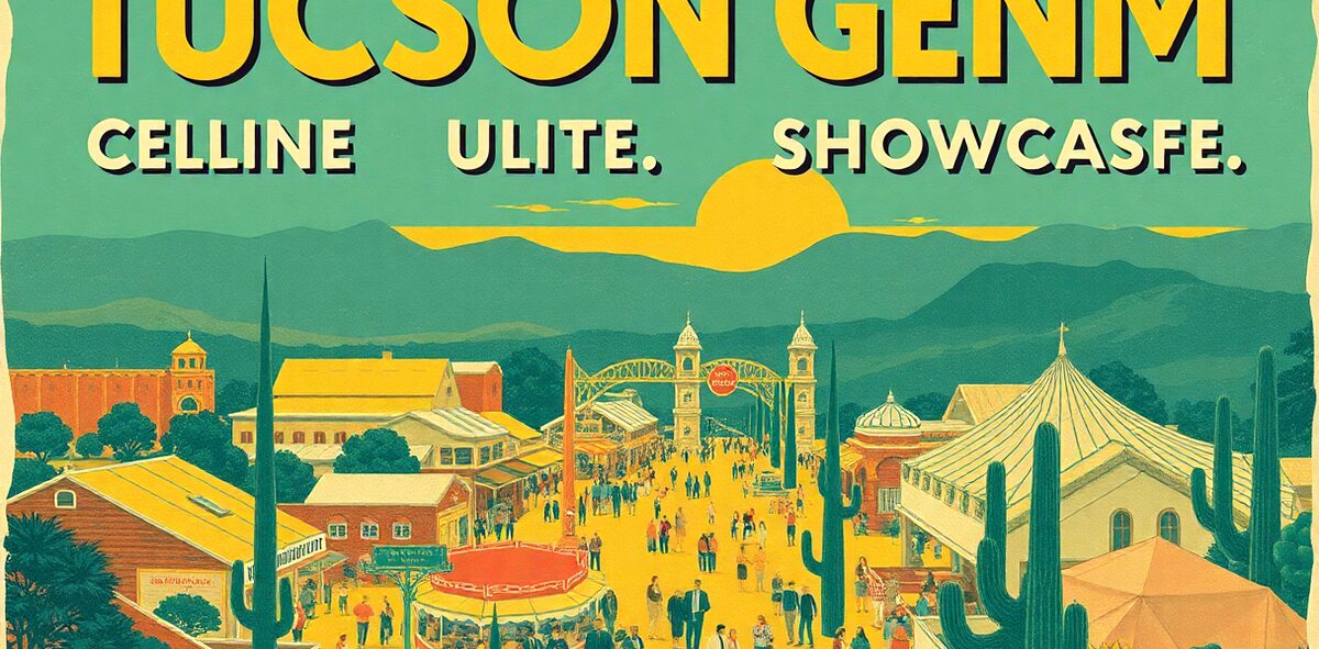 Illustrated featured image of Tucson Gem, Mineral & Fossil Showcase, Tucson, Arizona — a Kick-It Pick