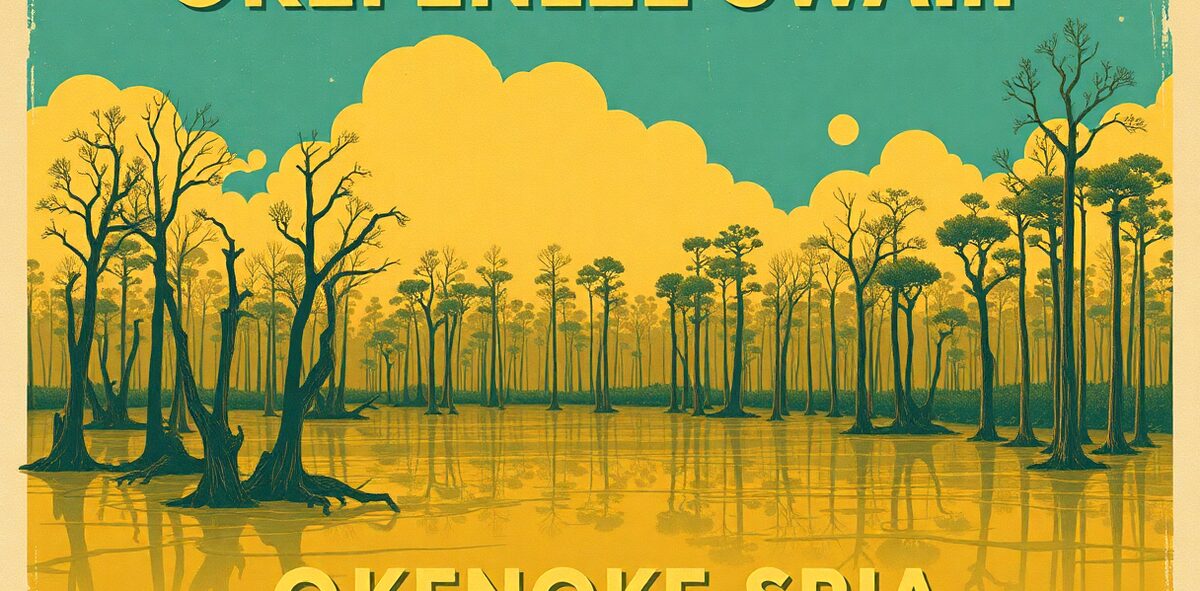 Illustrated featured image of Okefenokee Swamp, Okefenokee, Georgia — a Kick-It Pick