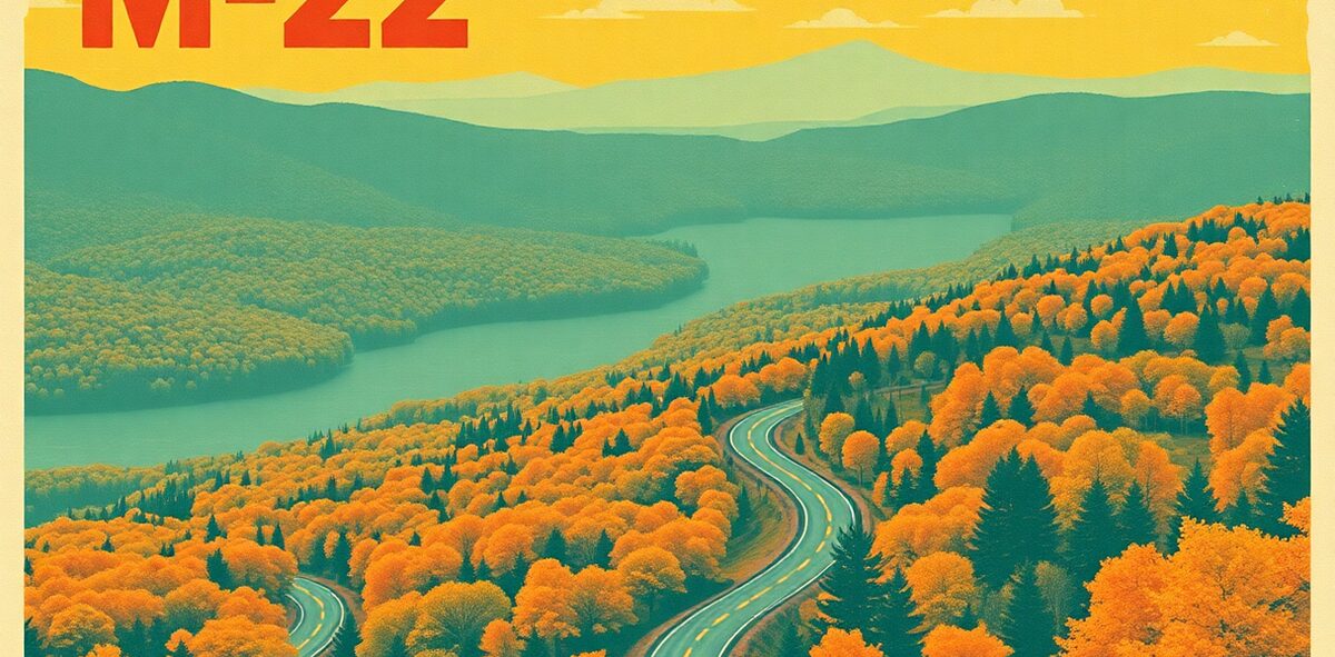 Illustrated featured image of M-22 Scenic Route, Empire to Northport, Michigan — a Kick-It Pick