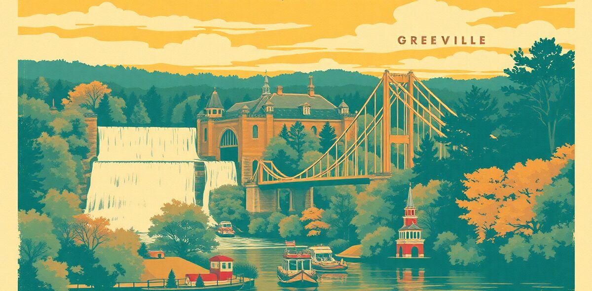 Illustrated featured image of Falls Park on the Reedy & the Liberty Bridge, Greenville, South Carolina — a Kick-It Pick