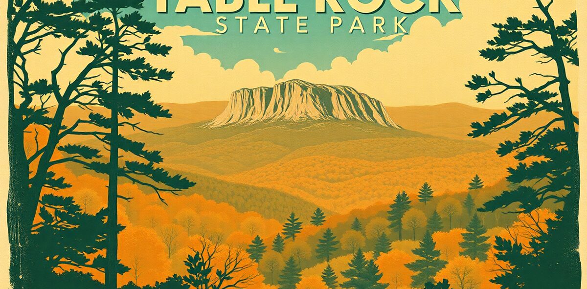 Illustrated featured image of Table Rock State Park, Table Rock, South Carolina — a Kick-It Pick