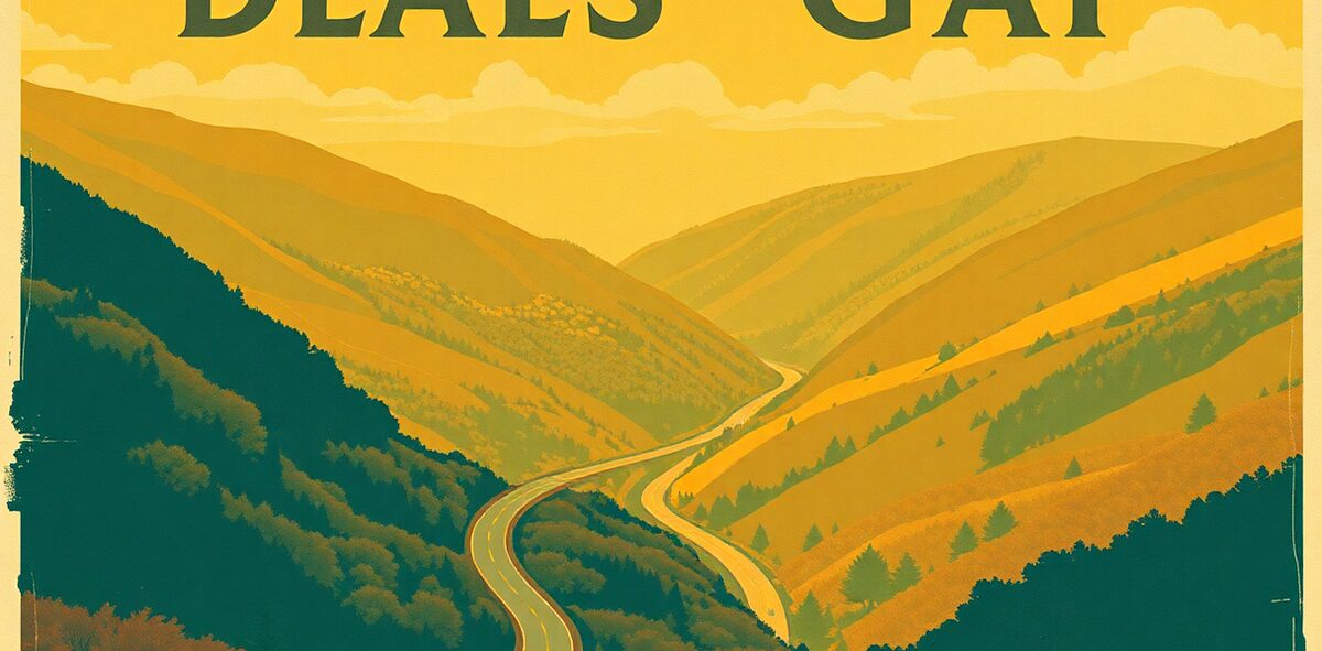 Illustrated featured image of Deals Gap → Tellico Plains, Deals Gap, Tennessee — a Kick-It Pick