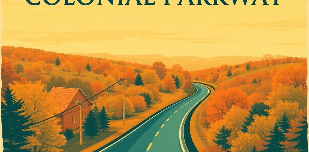 Illustrated featured image of Colonial Parkway, Williamsburg, Virginia — a Kick-It Pick